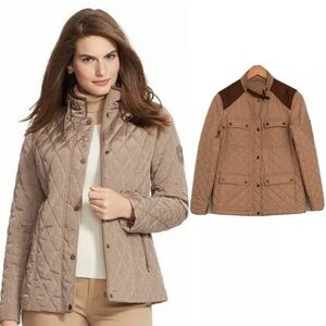Lauren Ralph Lauren Quilted Mockneck Jacket in Tan Brown & Faux Suede Women's XS